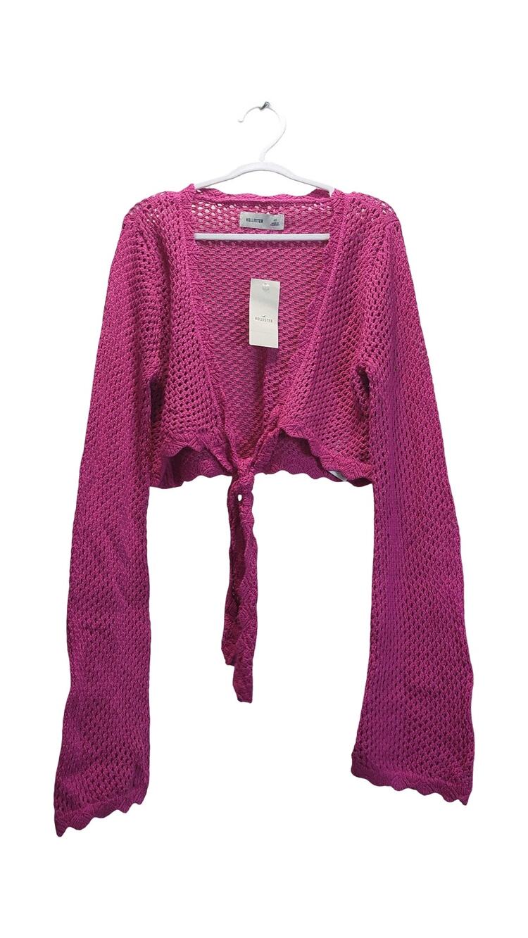 Hollister NWT Magenta Pink Open Knit Crochet Tie Front Cropped Shrug XS